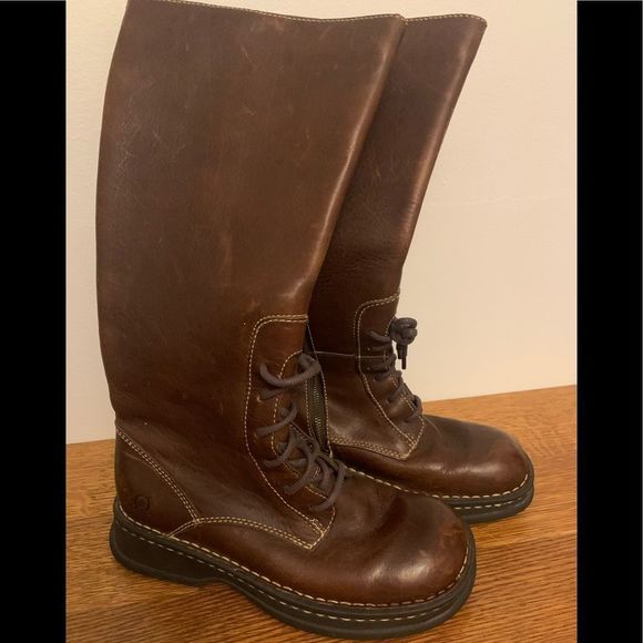 Born leather knee-high boots chunky brown women’s size 7 Side Zip & Tie Halfway - Picture 1 of 12
